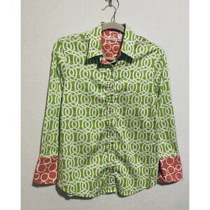 Tizzie Top Womens Medium Bright Green Geometric Long Sleeve Button Up Artsy